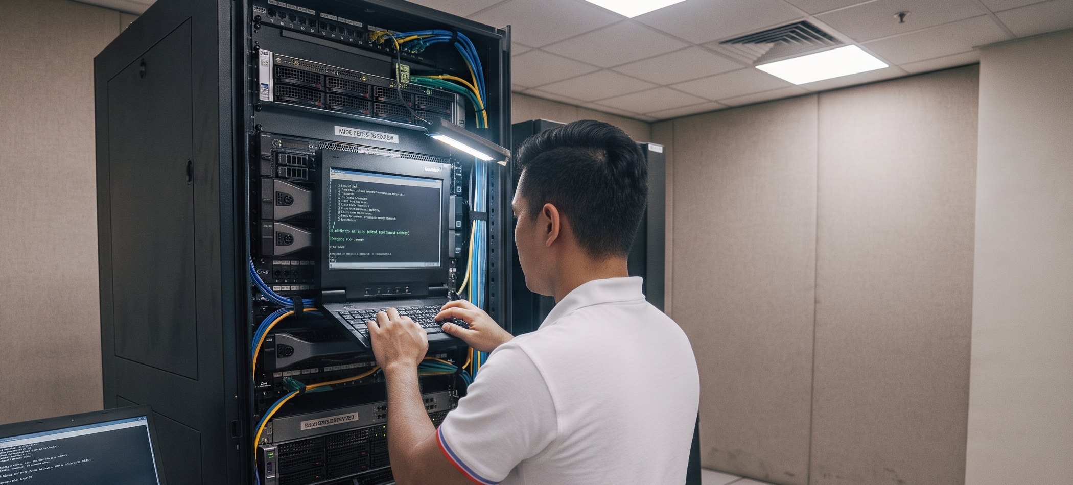 An IT Next Door engineer working at a client server rack