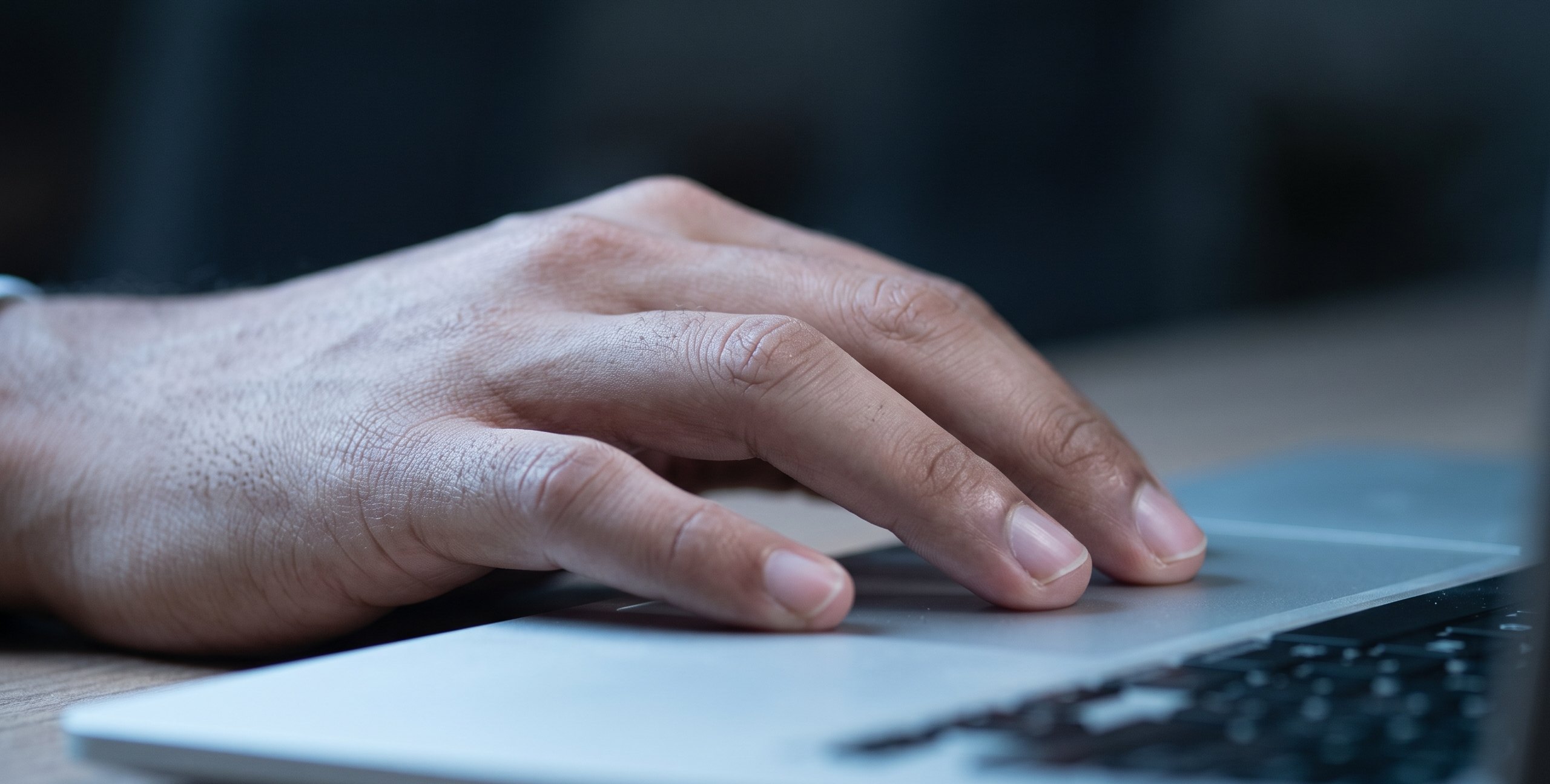 A hand resting on a laptop trackpad, paused before clicking